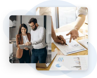 Two professionals review a tablet together; nearby, hands point to charts and graphs on printed business reports—collaborating on a WordPress maintenance service plan to keep their site running smoothly.