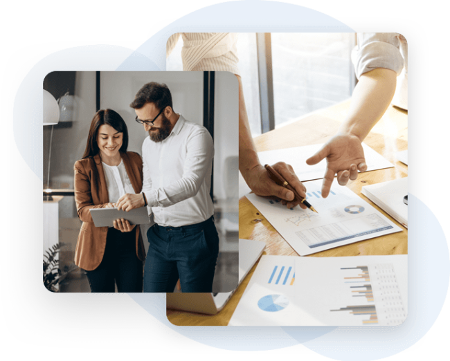 Two professionals review a tablet together; nearby, hands point to charts and graphs on printed business reports—collaborating on a WordPress maintenance service plan to keep their site running smoothly.